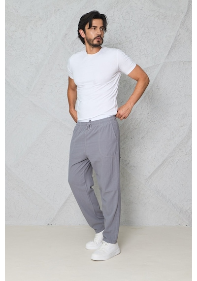 Blayn Jeans Erkek Haki Jogger Pantolon Beli Lastikli Bağcıklı %100 Pamuk Keten Baggy Rahat Günlük Pantolon gri