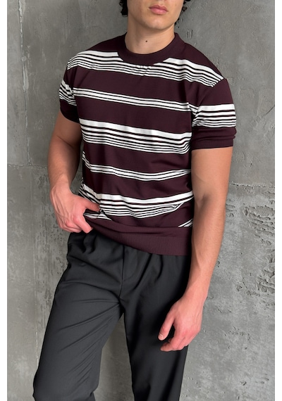 Erkek Bisiklet Yaka Oversize Çizgili Triko T-shirt Bordo