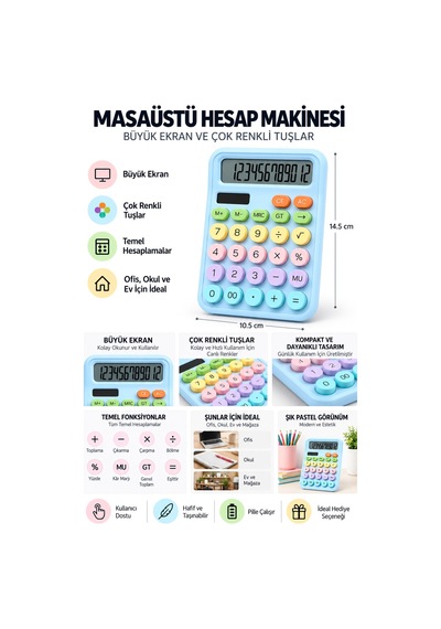 Lcd Ekran Hesap Makinesi 12 Haneli Hesap Makinesi Pastel Mavi
