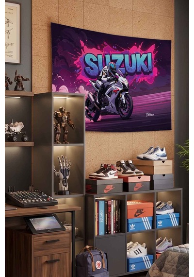 Suzuki Gsx-r Beyaz Yarış Motoru Graffiti Dekoratif Duvar Örtüsü Duvar Halısı