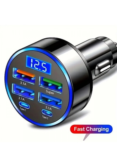 Araç Hızlı Şarj Cihazı Dijital Göstergeli Type-c Usb Hızlı Şarj Aleti 6 Portlu Siyah