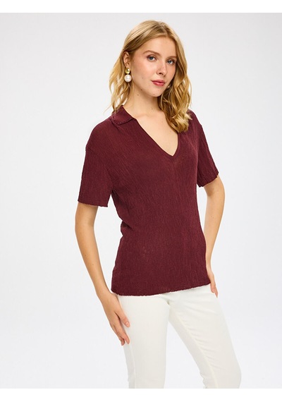 Faik Sönmez Polo Yaka Taş Detaylı Kısa Kol Triko Bluz W27trb016 Uw27trb01640 Bordo