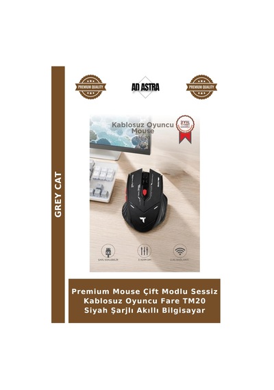 Premium Mouse Çift Modlu Sessiz Kablosuz Oyuncu Fare Tm20 Siyah Şarjlı Akıllı Bilgisayar