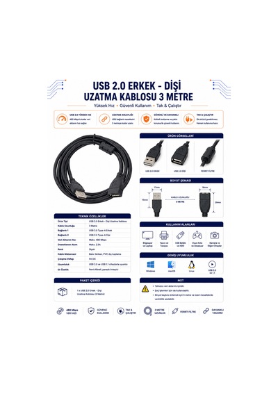 Usb 2.0 Erkek-dişi Uzatma Kablosu - 3m