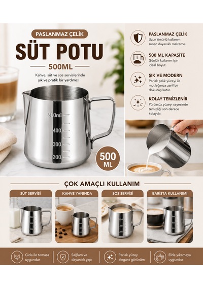 304 Çelik 500 Ml Kahve Süt Köpürtme Potu Sütlük Pitcher