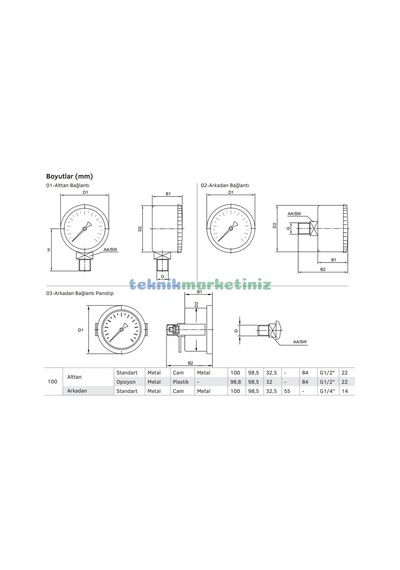 100MM -1/0 Bar ALT Çıkışlı G1/2" VakuMMetre. Vakum Ölçer Pakkens
