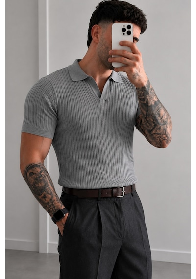 Tarz Cool Premium Fitilli Triko Polo Yaka Erkek Old Money T-shirt Gri