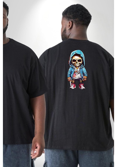 Angemiel Hiphop Kurukafa Hoodie Büyük Beden Siyah Tişört Kadın Erkek Ünisex Sırt Baskılı Siyah