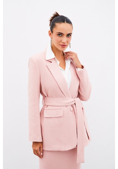 Sateen Kuşaklı Tüvit Ceket - Pudra-135021 Pudra