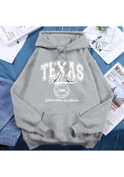 Tarzsokak Texas Austin Amerika Birleşik Devletleri Hoodies Kadın Polar Ekip Boyun Kapşonlu Yaratıcı Yen Gri