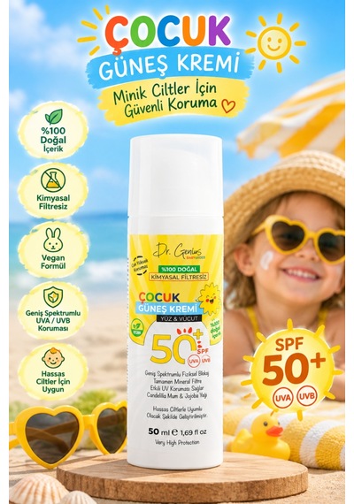 Dr. Genius %100 Doğal Spf 50+ Yüksek Korumalı Bebek Ve Çocuk Yüz/vücut Güneş Kremi - 50 Ml