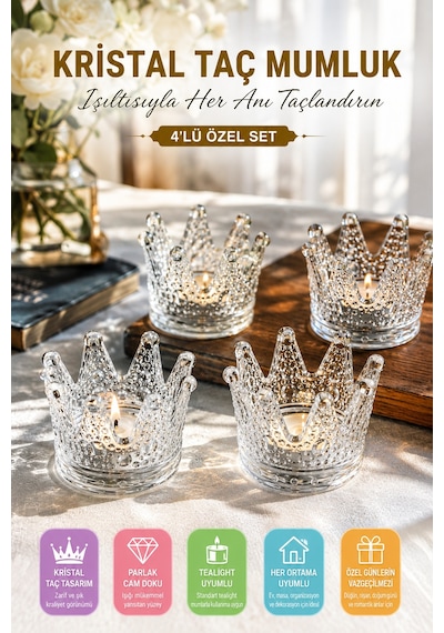 4'lü Set Kristal Taç Mumluk Şeffaf Diğer