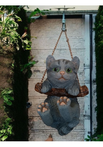 1 Adet Dekoratif Sallanan Duvar Ve Bahçe Süsü Kedi Gri