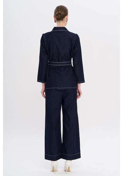 Olcay Kemeri Çıt Çıt Detaylı Ceket Pantolon Denim Takım Lacivert 9344-tk