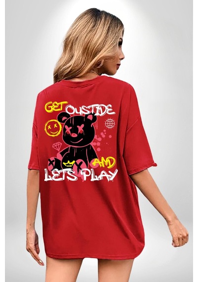Dışarı Çık Ve Oynayalım Teddy Kırmızı Oversize Unisex Ön Ve Sırt Baskılı Tişört Kırmızı