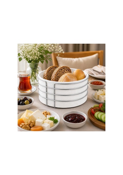Gümüş Detaylı Galvaniz Metal Bezli Yuvarlak Ekmek Sepeti 22x11 Cm Yıkanabilir Kumaşlı Modern Şık Sunumluk Gümüş Metal Beyaz Gümüş Detaylı Galvaniz Metal Bezli Yuvarlak Ekmek Sepeti 22x11 Cm Yıkanabilir Kumaşlı Modern Şık Sunumluk Gümüş Metal Beyaz