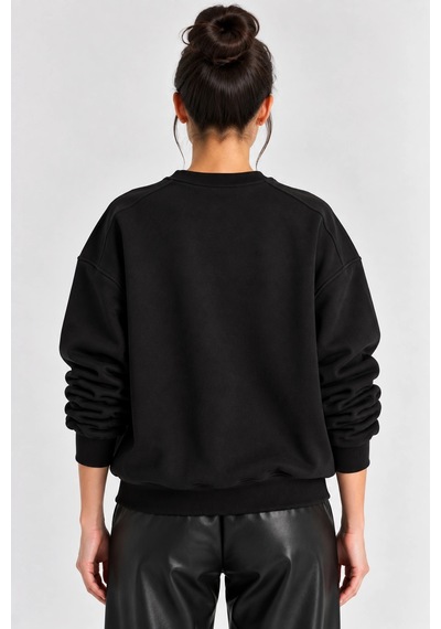 Mevese Kadın Rahat Kesim Teddy Ayıcık Nakış Detaylı Sweatshirt- Siyah