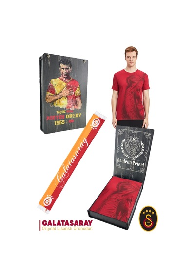 Galatasaray Lisanslı Aslan Baskılı T-shirt + Şal Kaşkol Set Ahşap Kutulu 105 Kırmızı