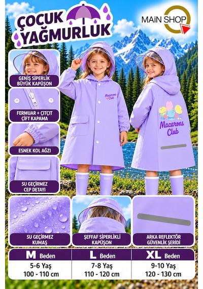 Mainshop Şeffaf Siperlikli Çıtçıtlı Ve Fermuarlı Taşıma Çantalı 4 Renk Çocuk Yağmurluk Mor