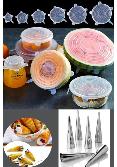6 Lı Metal Kornet-külah Kalıbı 6 Boy Gıda Koruyucu Silikon Kapak Saklayıcı Bone Metal Bej Diğer