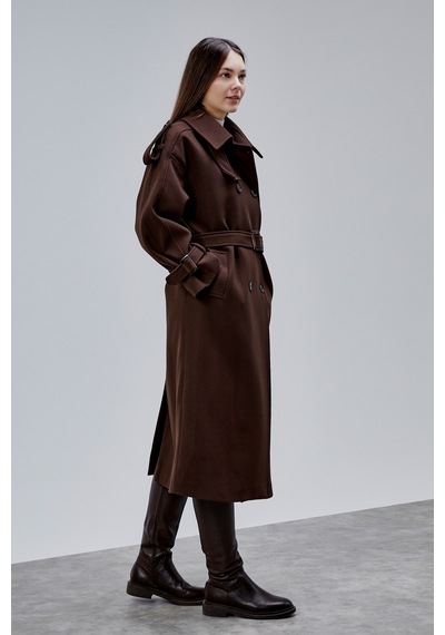Acı Kahve Kuşaklı Oversize Kaşe Kaban 44577 Kahverengi