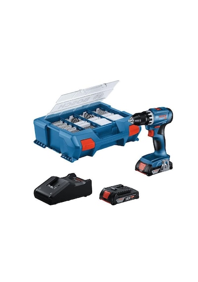Bosch GSB 18V-45 Çift Akülü 2.0AH Darbeli Vidalama + 63 Parça Aksesuar Set