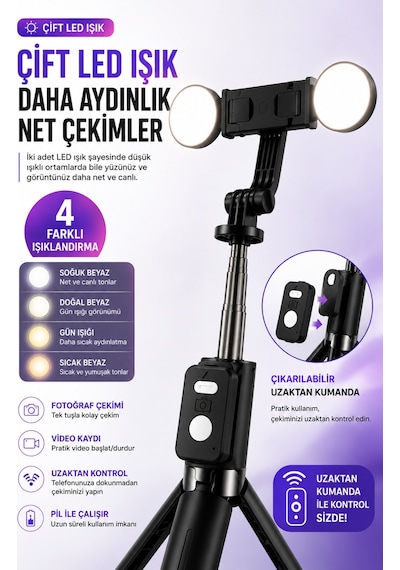 Mpıa Kumandalı Çift Led Işıklı Telefon Tutucu Tripod 360 Döner Ayarlanabilir Uzunluk Selfie Video Standı Siyah