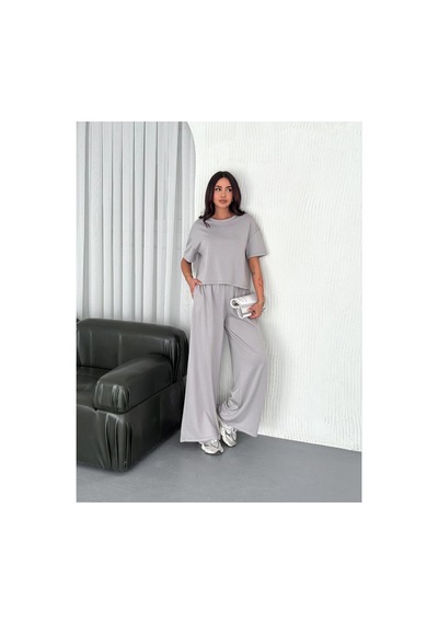 Kadın Osy Modal Yumuşak Kumaş Bisiklet Yaka T-shirt Bol Paça Pantolon İkili Takım - Boyalı Gri