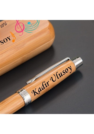 Müzik Öğretmenine Hediye İsme Özel Bambu Ahşap Roller Kalem Seti - Öğretmenler Günü Kutulu Kalem Mavi