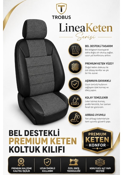 Renault Broadway 1990-2000 Uyumlu Lineaketen Serisi Ortopedik Füme Siyah Koltuk Kılıfı