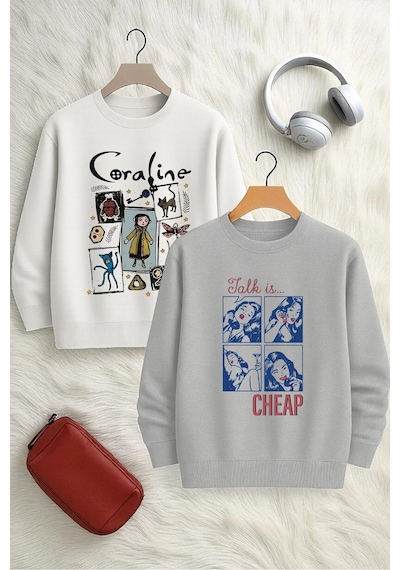 Uyguntarz Unisex 2'li Baskılı Bisiklet Yaka Sweatshirt Çok Renkli