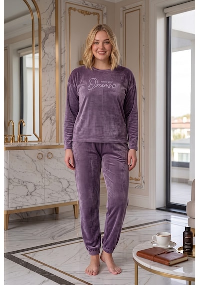 Seboteks Yumuşak Dokulu Kadife Kumaş Uzun Kollu Büyük Beden Kadın Pijama Takımı 2500 Lila
