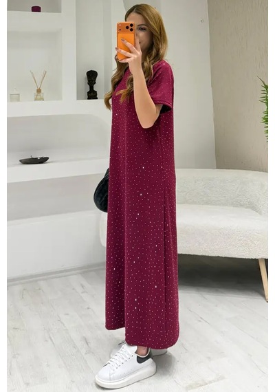 Fiolin Soft Touch Modal Kumaş Taş İşlemeli Elbise Bordo