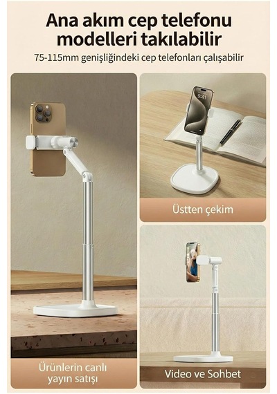 Jopree X66f Ayarlanabilir Telefon Standı 360 Döner, Canlı Yayın/çekim İçin Ergonomik Masaüstü Tutucu, Alüminyum Alaşımlı, Video & Sohbet Destekli, 75-115mm Telefonlar İçin Beyaz