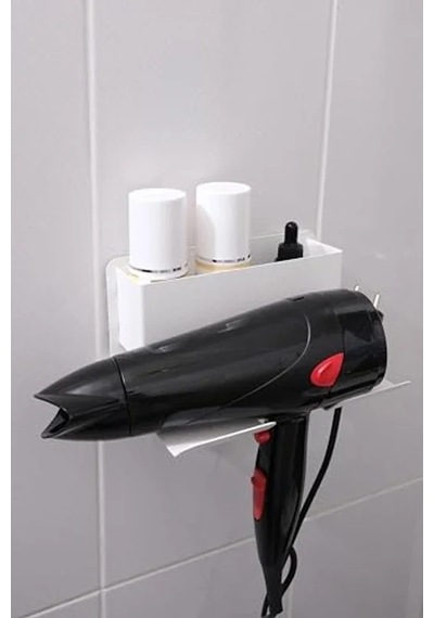 Beyaz Metal Yapışkanlı Saç Kurutma Askısı, Banyo Düzenleyici Organizer 50cm