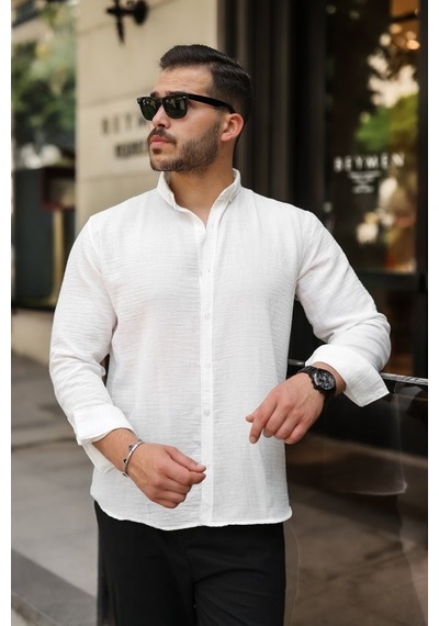 Veraura Lifestyle Erkek Uzun Kollu Beyaz Düğmeli Pera Keten Gömlek