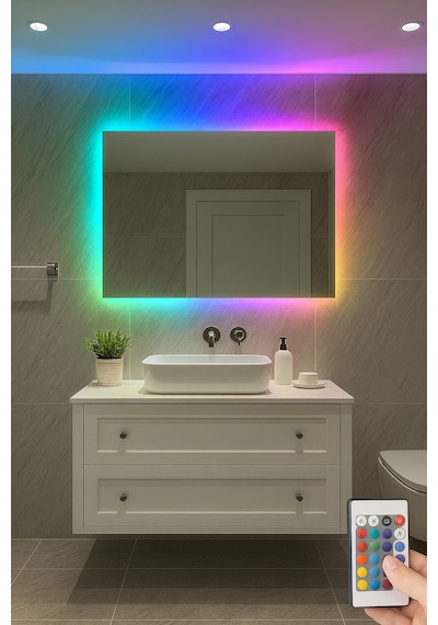 Digital Hayat Rgb Led Işıklı Dikdörtgen Ayna Dekoratif Banyo Makyaj Aynası Sınırsız Renk Çok Renkli