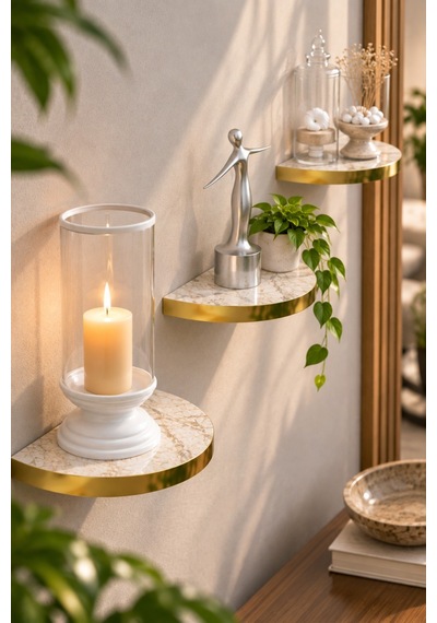 Sulorahome 3'lü Oval Duvar Rafı Seti Gold Kenarlı Efes Beyaz Mermer Desenli Altın - Beyaz