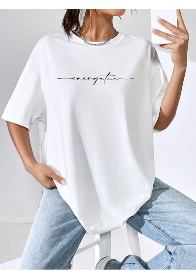 Uyguntarz Unisex Energetic Baskılı Tasarım Tshirt Beyaz