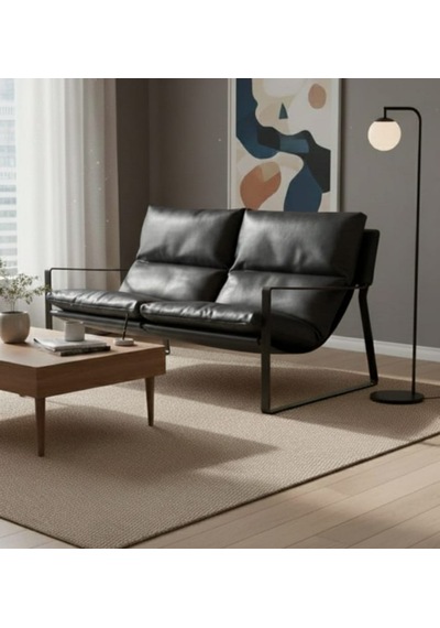 Sller Modern İkili Koltuk - Loft Tasarım Deri/kumaş Bahçe Ve Balkon Kanepesi - Metal İskeletli 130 Cm Siyah