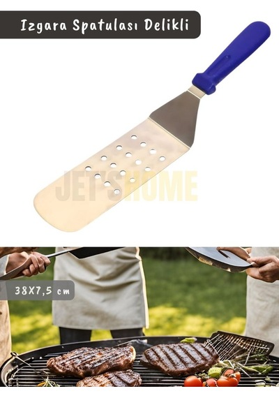 Barbekü Spatulası Paslanmaz Delikli Izgara Spatulası Çelik Hamburger Spatulası 38 Cm Metalik Gri