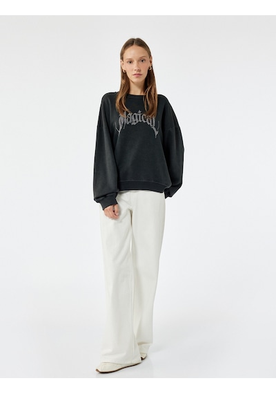 Koton Şardonlu Uzun Kollu Bisiklet Yaka Taşlı Baskılı Oversize Sweatshirt Antrasit 6wal10240ık Koton Şardonlu Uzun Kollu Bisiklet Yaka Taşlı Baskılı Oversize Sweatshirt Antrasit 6wal10240ık