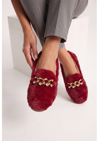 Nmoda Kadın Peluş Panduf Gold Zincir Taşlı Aksesuarlı Kapalı Loafer Yumuşak Tabanlı Kışlık Rahat Babet Kırmızı Nmoda Kadın Peluş Panduf Gold Zincir Taşlı Aksesuarlı Kapalı Loafer Yumuşak Tabanlı Kışlık Rahat Babet Kırmızı