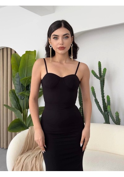 Defymoda Dominic Eteği Büzgülü Midi Boy Elbise Siyah