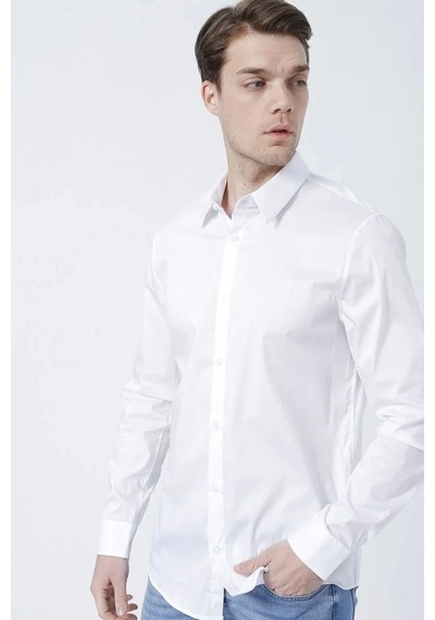 Guess Erkek Dik Yaka Slim Fit Gömlek Düz Beyaz Beyaz