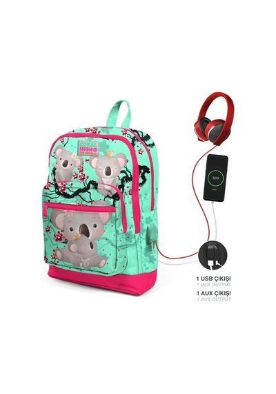 Coral High Okul Çantası Ve Beslenme Çantası Seti - Kız Çocuk Yeşil Koala - Usb Soketli