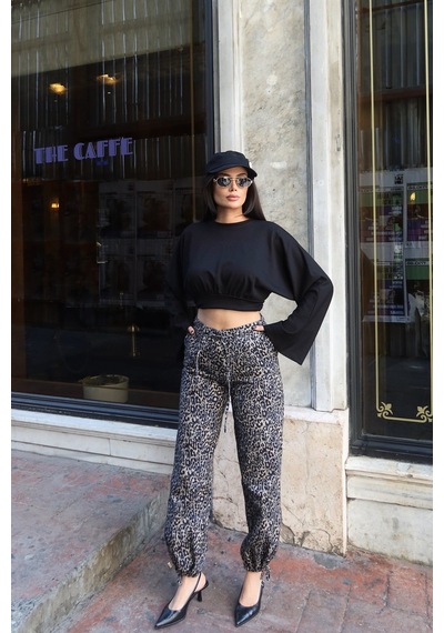 Kechi Woman Gabardin Kumaş Desenli Pantolon Gri Leopar