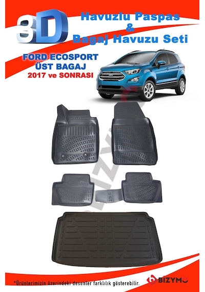 Ford Ecosport 2017+ 3D Havuzlu Paspas Ve Üst Bagaj Havuzu Siyah