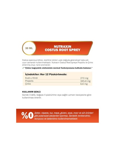 Nutraxin Costus Root Spray 30 Ml Vitamin Takviyesi