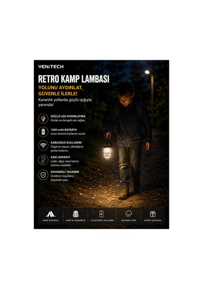 Şarjlı Kamp Lambası Led Gece Feneri Taşınabilir Balkon Piknik Kamp Feneri Askılı Kamp Feneri Siyah